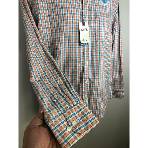 NWT Izod Men’s Button Down Shirt Size S Long Sleeve Orange Plaid - Picture 5 of 9